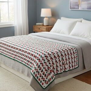 Unbranded Crochet blanket White Red Green festive handmade throw bedding OS